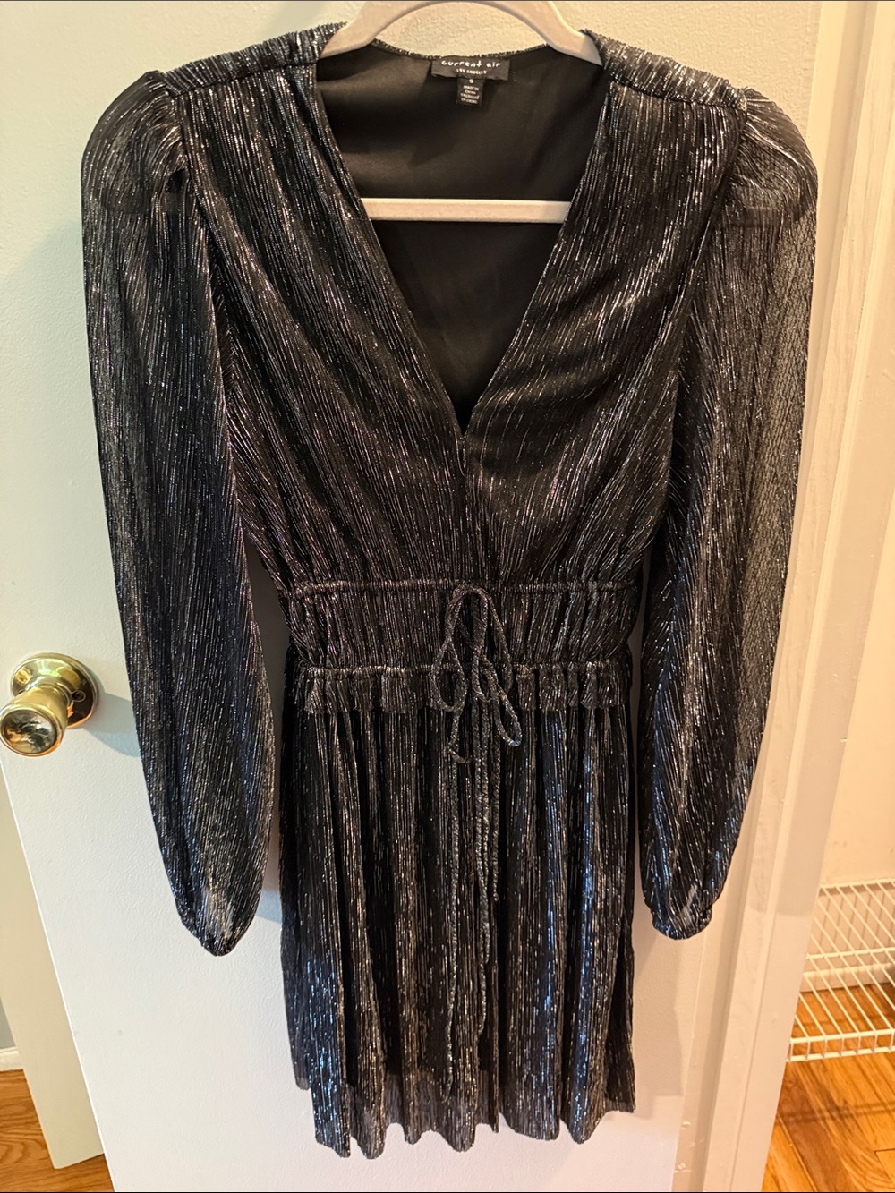 Current Air Metallic Black Pleated Mini Dress with V-Neck